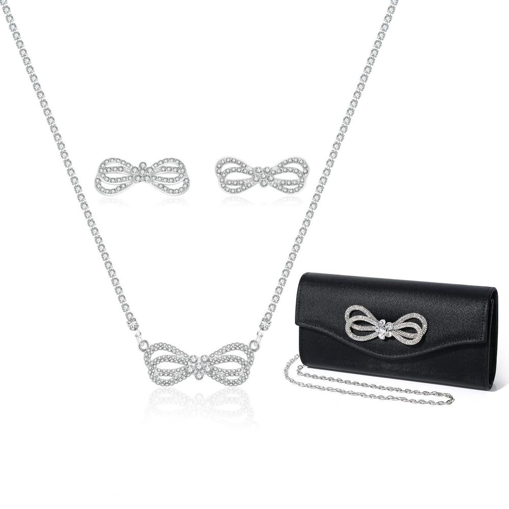 Rhinestone Bow Event Bundle - Clutch, Necklace & Earrings Set